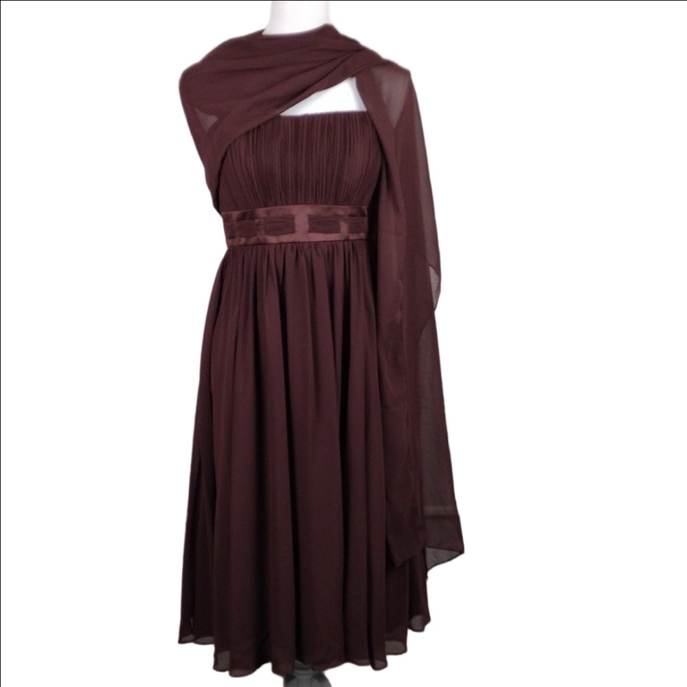 Mon Cheri Bridesmaid Chocolate Straight Pleated Bodice Knee Length Formal Dress